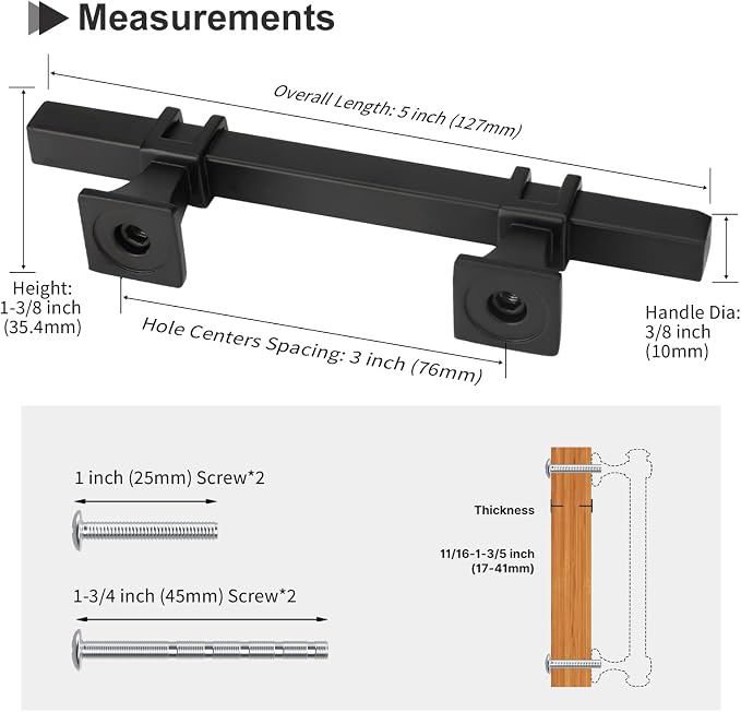 5 Pack 3 Inch Black Square Matte Black Cabinet Pulls, Modern Kitchen Cabinet Hardware