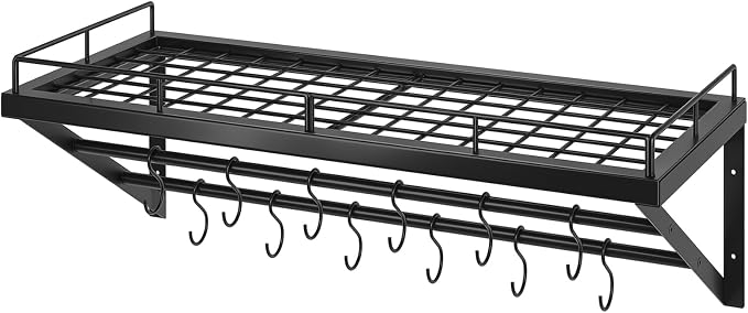 YATINEY Pot Rack, 30 Inch Wall Mounted Pot Rack, Kitchen Pot and Pan Organizer with 2 Tier Hanging Rails, 12 S-Hooks, Space Saving, for Kitchen Cookware Organizer, Black PR02BK