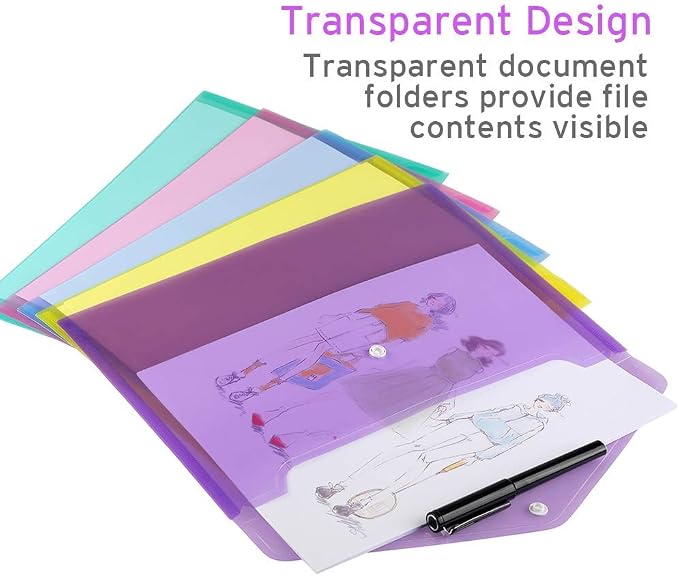 Sooez 6 Pack Folders Plastic Envelopes, Clear Plastic File Folder for Document, Letter A4 Size Poly File Envelopes with Label Pocket, Snap Button for Home Work Office Organizer, 6 Colors