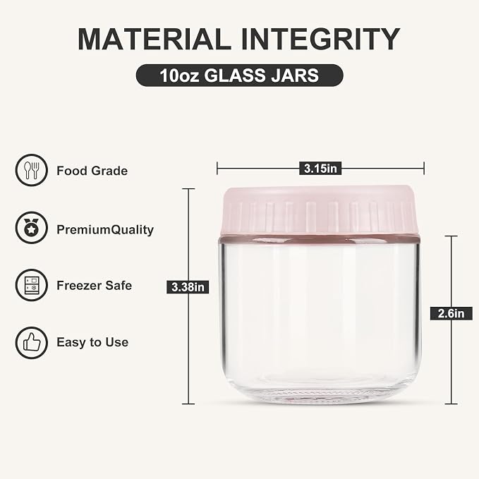 SHOWIN Overnight Oats Containers with Lids, 10oz Glass Jars with Lids 4 pcs, Pink, Wide Mouth Mason jars for Salad, Yogurt, Snacks, Meal Prep