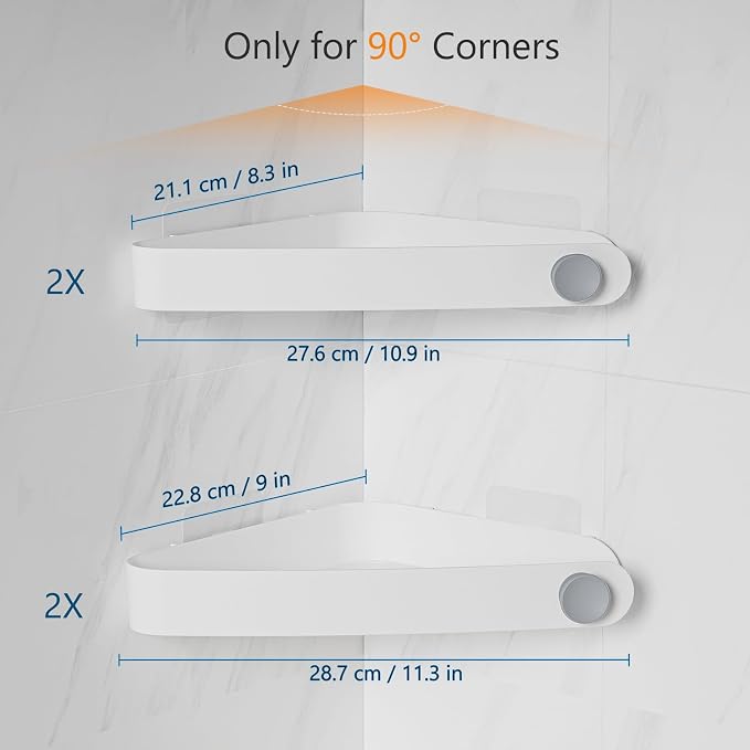 Sotfamily Plastic Shower Caddy Corner (for 90° Only), 4 Pack, White | Adhesive Corner Shower Shelves for Bathroom Organizers and Storage, Bathroom Decor