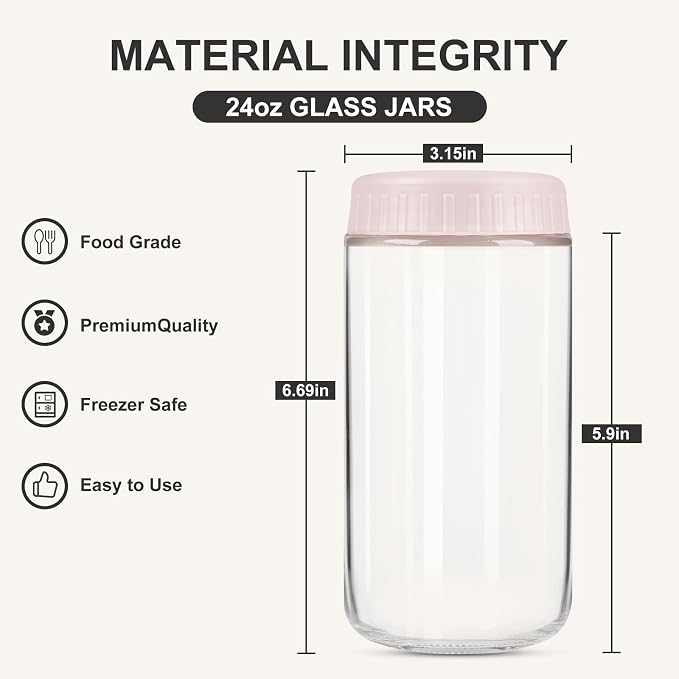 SHOWIN Overnight Oats Containers with Lids, 24oz Glass Jars with Lids 4 pcs, Pink, Wide Mouth Mason jars for Salad, Yogurt, Snacks, Meal Prep