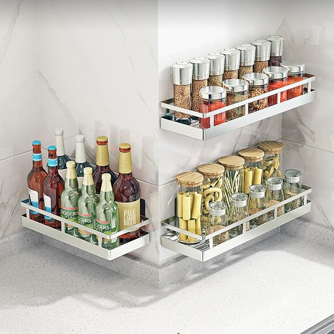 19.69Inch Spice Rack Organizer, SUS304 Stainless Steel Wall Mount Spice Rack Storage Basket, Kitchen Racks, Nail-Free Installation