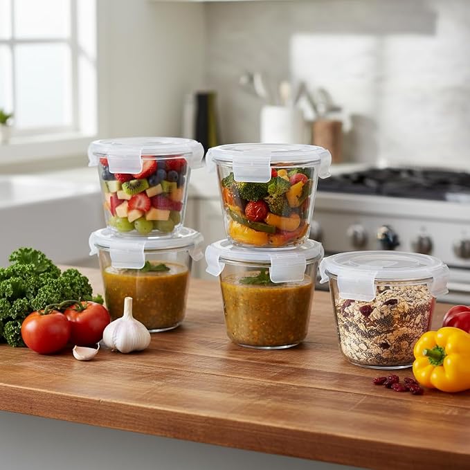 H.JSS WDJS 24 Oz Round Glass Food Storage Container set, 3 Cup Round Glass Soup Container with Airtight Lids BPA free, Borosilicate Storage Bowls, Dishwasher Microwave Freezer Safe (2 Pack)