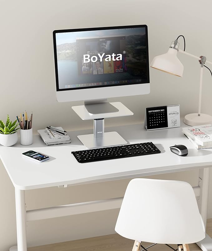 BoYata Monitor Stand, Adjustable Height Metal Desktop Riser, Silver | Height-adjustable metal riser with open storage space underneath for monitors, laptops, iMacs, PCs and TVs