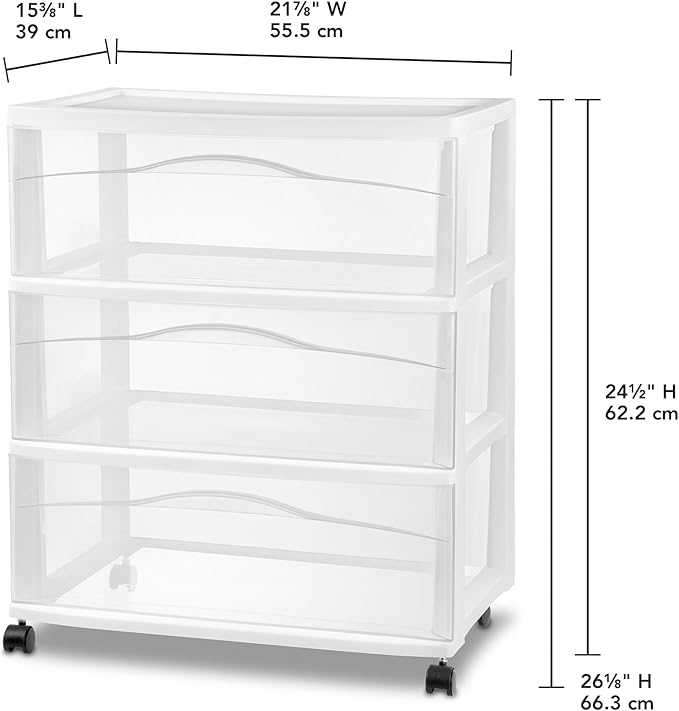 Sterilite 3 Pack Wide 3 Drawer Storage Cart, Plastic Organizer with Wheels, White - Multipurpose Bin for Clothes, Accessories, or Home Accessories