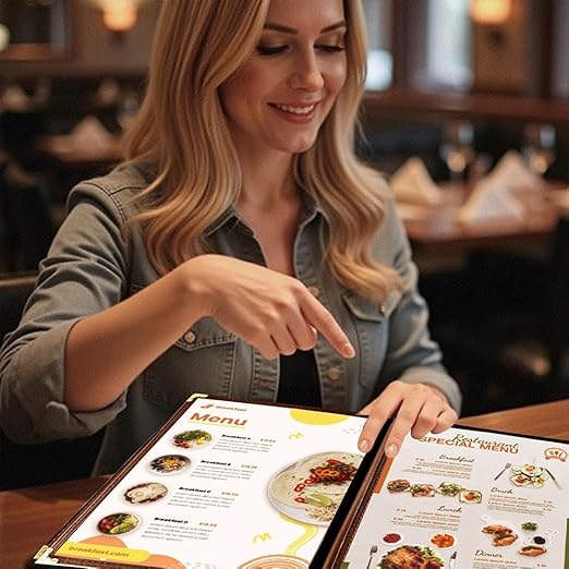 Goodsmart Restaurant Menu Covers – 25 Pack Burgundy 4-View, Side-Loading Menu Holders, Vinyl & Plastic Café Menu Covers, Clear Menu Sleeves, Fits 5.5" x 8.5", Leather-Style Design, Gold Corners