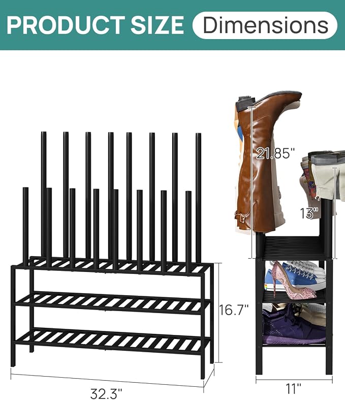 viewcare Black Boot Rack, Long Boot Rack Organizer Tall Boots with Shoe Rack for Closet, Bamboo Wood Shoe Shelf Storage Organizer for Entryway Small Space