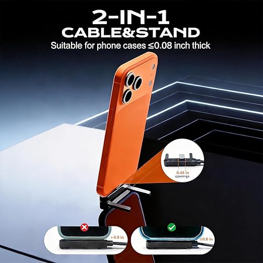 Invisible Holder Charger Cable, 240W PD Fast Charging Cable for Desk, USB-C to USB-C & USB to Light-ning Cable 4.9 FT with 360° Adjustable Metal Stand, 2 in 1 Holder Charger for Gaming, Office, Home