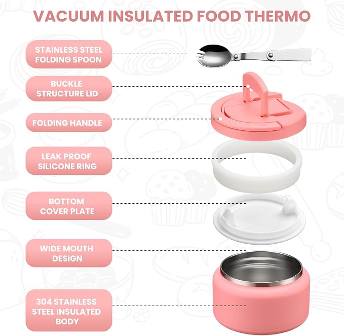 Itslife 13.5oz Vacuum Insulated Soup Thermo for Hot Food, Kids Lunch Container with Leakproof Buckle Lid, Wide Mouth Stainless Steel Food Jar with Spoon