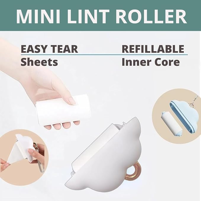 Portable Lint Roller 150 Sheets Travel Size, Mini Lint Roller for Clothes and Reusable Pet Hair Remover, Cute Small Sticky Dust Remover Refillable