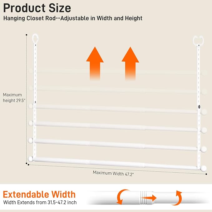 SUTINE Closet Rods for Hanging Clothes, Adjustable Closet Extender Hanging Rod, Space-Saving Closet Rod Extender Clothes Hanging Bar, Closet Poles for Hanging Clothes Organizer (White, 31.5-47.2 IN)