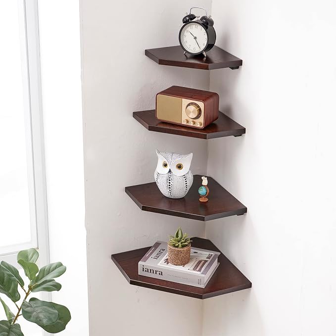 Corner Shelf Wall Mount, Set of 2 Solid Oak Wood Floating Corner Shelves with Wire Hole Display Shelf with Wire Hole Small Plant Display for Kitchen Living Room Bedroom