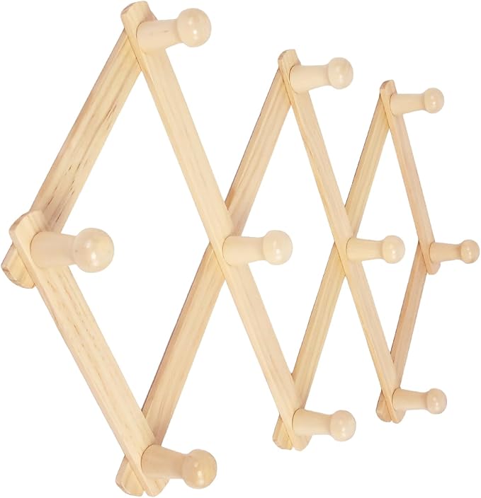 AMAPON Accordion Style Expandable Wall Wooden Coat Rack 10 Hooks (Pegs) Hang Hats Jackets Coffee Mug Purses Necklaces Towels Cap Leash Scarves Data Line Kitchenware
