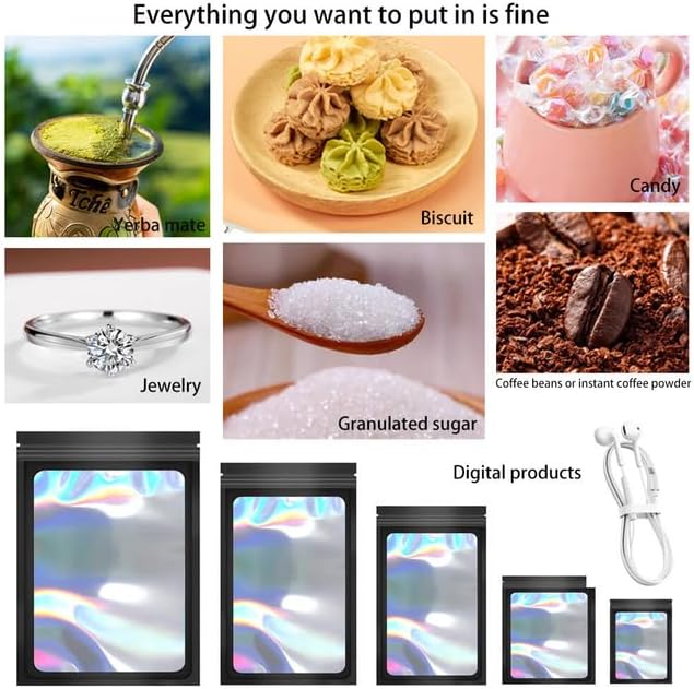 100 Pack Mylar Holographic Packaging Bags Resealable Candy Bags with Clear Window Foil Pouch Bag for Lipgloss, Jewelry, Sample Bag for Small Business (Black, 2.4x3.9 Inch)