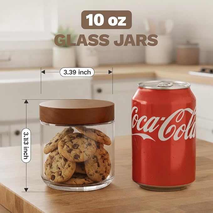 Bumobum 10 oz Glass Mason Jars with Lids, Glass Container with Acacia Wood Airtight Lid, Wide Mouth Canisters for Chia Pudding Loose Tea Coffee Meal Prep Parfait Salad Snacks Yogurt Spice, 6-Pack