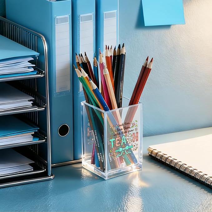 Teach Them Love Them Watch Them Acrylic Cosmetic Pencil Holder Cup, Floral Books Pen Holder for Home Office Desk Accessories for Teacher, Pen Organizer, Funny Teacher Work Gifts, Teach Present