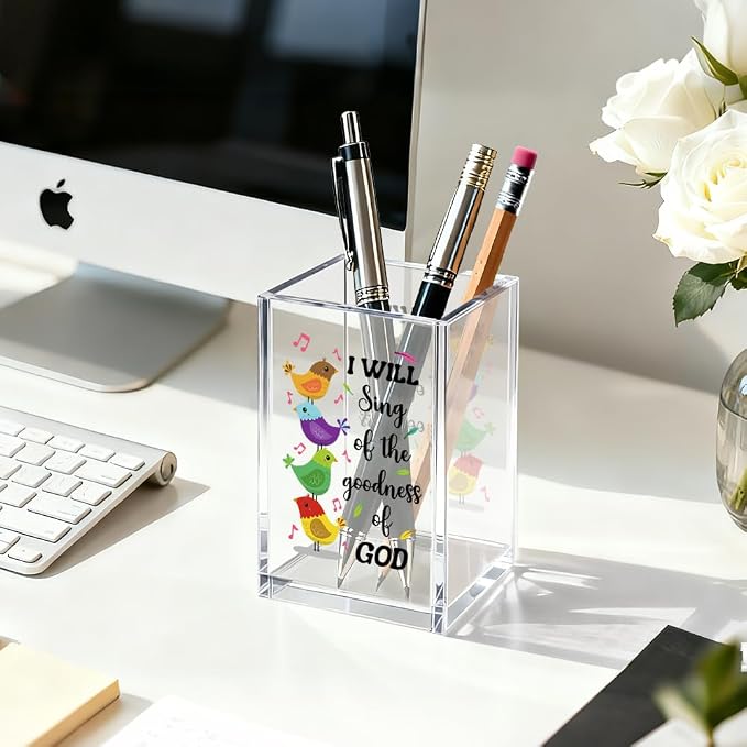 I Will Sing Of The Goodness Of God Pen Holder Makeup Organizer, Funny Bird Christian Pencil Pen Holder for Desk, Musical Notes Desk Accessories Bible Verse Pencil Cup, Religious Gifts Organizer