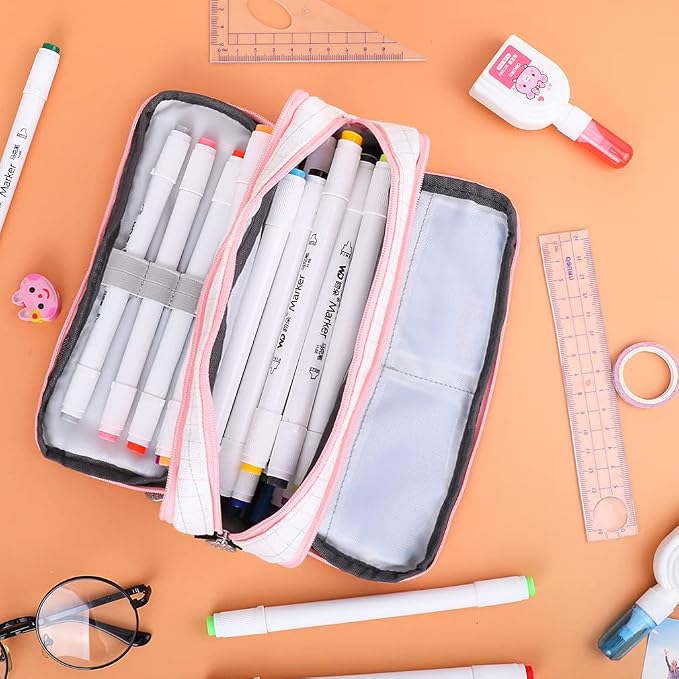 iSuperb Large Pencil Case Big Capacity Pencil Pouch 3 Compartments Pen Bag Canvas Marker Pen Bag for Teen Boys Girls School Students (Plaid Pink)
