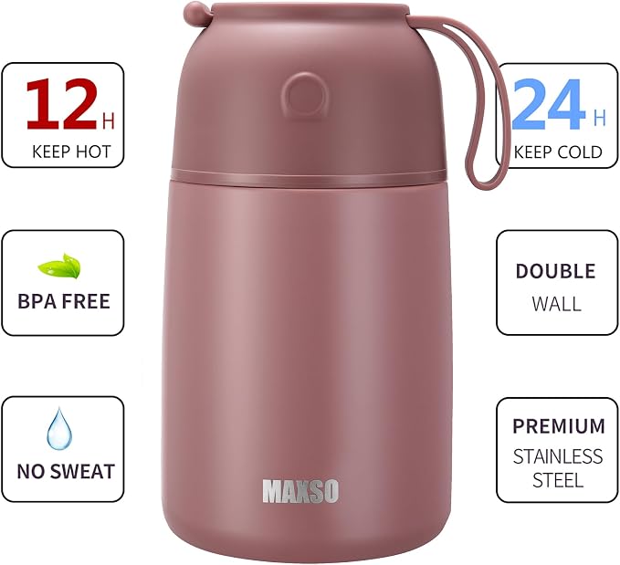 MAXSO 2 Pack Soup Thermo for Hot & Cold Food for Kids Adults, Vacuum Insulated Food Jar Thermal Lunch Containers, Travel Food Flask with Spoon (24 oz,17 oz) (Dusty Rose)