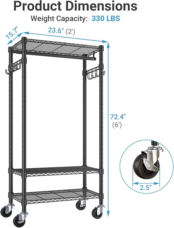 VIPEK R3 Medium Rolling Clothes Racks with Lockable Wheels, Heavy Duty Garment Rack with Adjustable Shelves & Hanging Rod & Side Hooks, Compact Space-Saving Storage for Small Apartments/Dorms (Black)