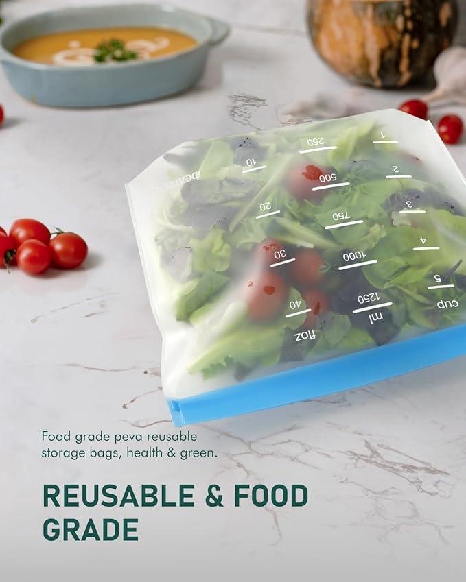 IDEATECH Reusable Sandwich Bags Dishwasher Safe, Quart Freezer Bags Stand Up, Leakproof & BPA Free Reusable Storage Bags for Food Storage, Home Organization, Traval (10Pack)
