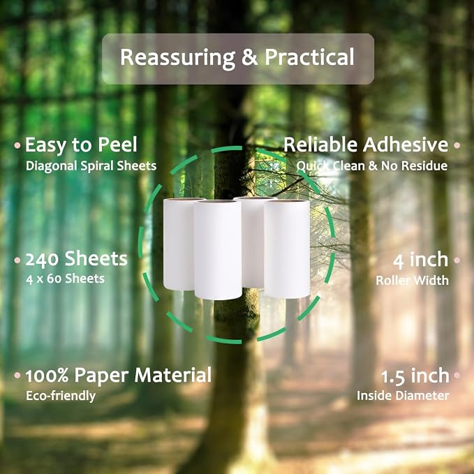 Lint Roller Refills 4 inch Extra Sticky Pet Hair Roller Replacement Refills Only, Inside Diameter 1.5 inch, 60 Sheets per Roll (Pack of 4, Total 240 Sheets)