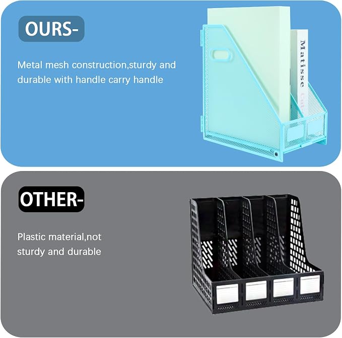 Desk Organizers Metal Magazine File Holder Racks Desktop Folder Storage Binder Organiser Document Organization for Home Office & Classroom,2 Vertical Compartments-Blue