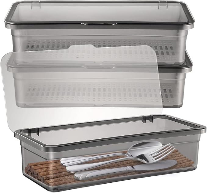 Cabilock 3 Pack Silverware Organizer with Lid, Cutlery Tray Utensil Holder for Kitchen Drawer, Dustproof Flatware Storage Box with Drainer for RV Camping, Black
