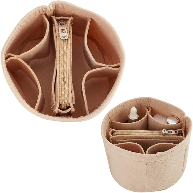 WADORN Small Felt Purse Organizer Insert, Handbag Insert Liner for LV Cannes Round Bucket Bag Organizer Barrel Bags Interior Inserts Accessories for Bucket Makeup Bag, 5.11x4.65 In, Beige