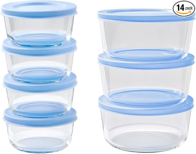 14-Piece Glass Food Storage Containers Set (7 Containers + 7 BPA-Free Lids) | 1-Cup & 4-Cup, Leakproof | Microwave, Freezer, Oven & Dishwasher Safe | Ideal for Meal Prep & Pantry Organization, Blue