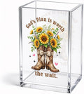 God's Plan Is Worth The Wait Funny Christian Acrylic Pen Holder Cup | Inspirational Gifts for Women Coworker Teacher, Farmhouse Sunflower Boots Desk Organizer, Bible Verses Makeup Brush Organizer