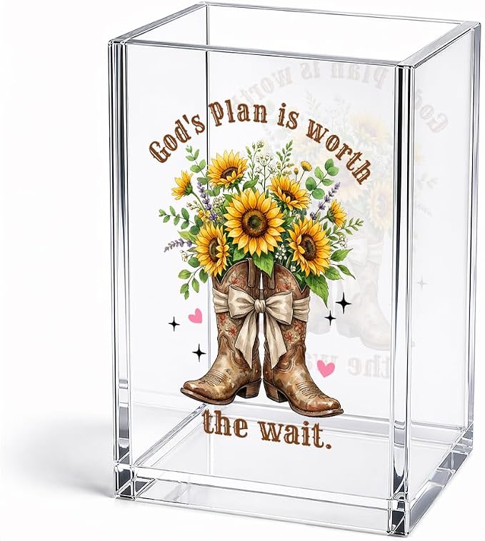 God's Plan Is Worth The Wait Funny Christian Acrylic Pen Holder Cup | Inspirational Gifts for Women Coworker Teacher, Farmhouse Sunflower Boots Desk Organizer, Bible Verses Makeup Brush Organizer