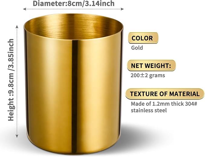 Golden 304 Stainless Steel Pen Holder & Pencil Cup, Metal Desk Caddy & Desktop Stationery Organizer, Mirror Finish & Vacuum Plating(2-Piece Set)