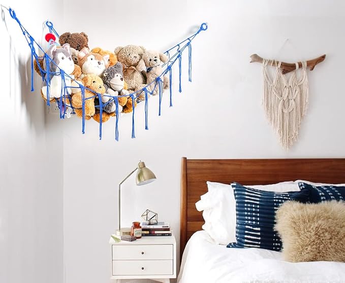 YKBU Stuffed Animals Hammock Corner Hanging Net for Macrame Stuffed Animal Storage Plush Toy Holder Toy Organizer for Boho Nursery Playroom Bedroom Kids Room Decor (blue, Large)