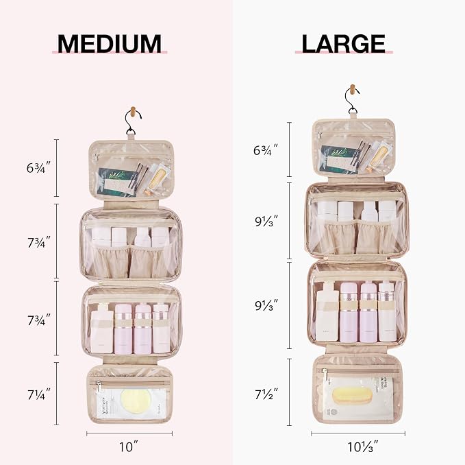 BAGSMART Toiletry Bag Hanging Travel Makeup Organizer with TSA Approved Transparent Cosmetic Bag Makeup Bag for Full Sized Toiletries, Large-Pink