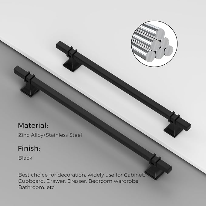 10 Pack 10 Inch Black Square Matte Black Cabinet Pulls, Kitchen Cabinet Hardware