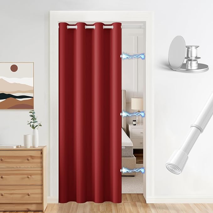Vatge Magnetic Door Curtain with Rod, Closet Curtain for Open Closet, Temporary Door for Pantry and Hallway, 1 Panel, W42 x L80, Christmas Red