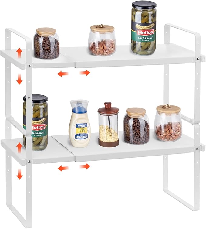 VEVOR Adjustable Kitchen Cabinet Shelf Organizer, Expandable 2 Tier Cabinet Shelf, Stackable Countertop Organizers and Storage Risers, Pantry for Kitchen Bathroom Office, White