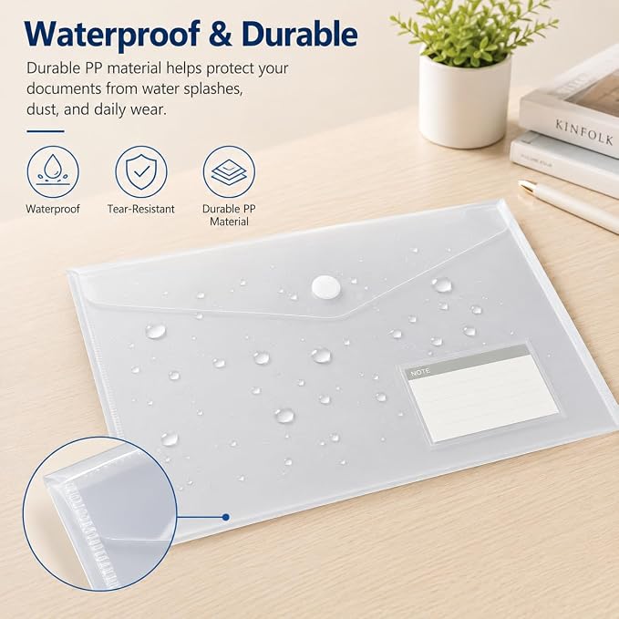 10 Pack Clear Folders for Documents Plastic Folders with Label Pockets, Waterproof Poly File Folders, Plastic Envelopes with Hook and Loop Closure, Letter Size/A4 for Teacher School Office Home