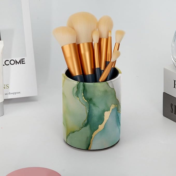Faux Leather Pen Holder for Desk, Pencil Organizer Green Gold Marble Texture Pen Cup Desk Decor Makeup Brush Holder Storage for Office Home
