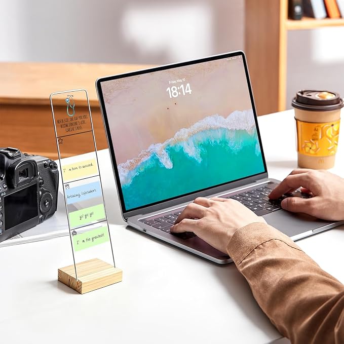 Sticky Note Holder, Monitor Memo Board, Acrylic Post It Note Holder with Wooden Base, Includes 100 Notes, Motivational Desk Organizer, Inspirational Nurse Quote “Never Stop”
