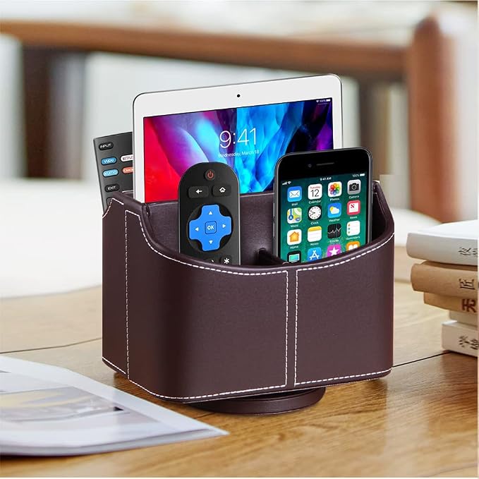 360° Rotating Remote Control Holder, PU Leather TV Remote Caddy Organizer Basket Storage Box with 5 Compartments for Pen, Pencil, Art Supplies, Makeup Brush, Office Desk Table Accessories | Nightstand Organizer Storage Box with 5 Compartments for Penci...