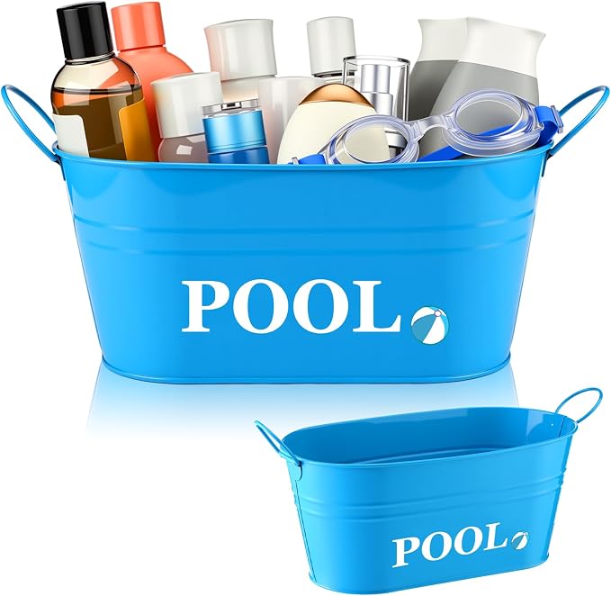 Blulu Pool Storage Bucket Metal Poolside Basket Above Ground Pool Bin Summer Basket Outdoor Storage for Sunscreen Goggles Flip Flop Spf Swimming Camping Beach Accessories Decor(Blue)