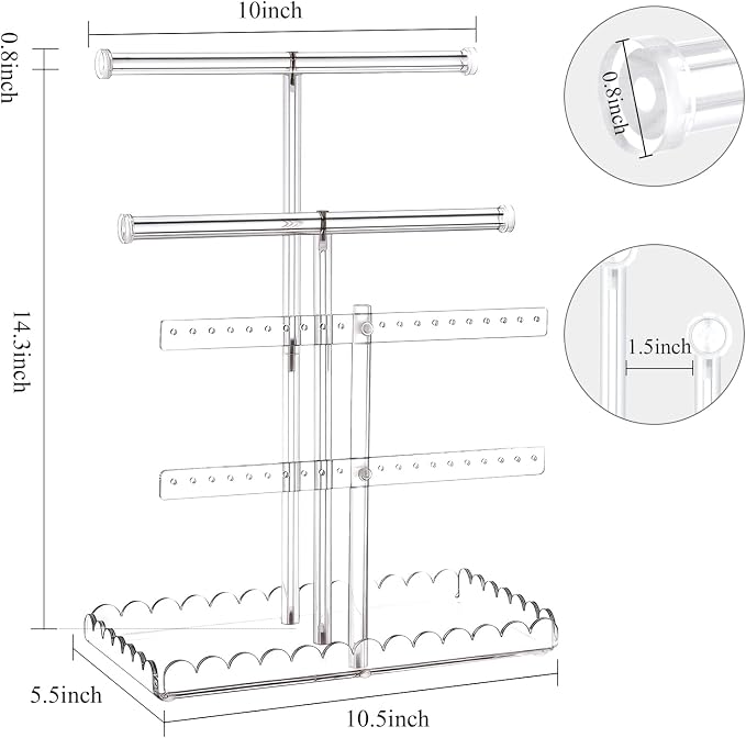 Acrylic Jewelry Stand with Scalloped Tray, 14" 4-Tier Tall Tangle-Free Necklace Holder Bracelet Hanging Jewelry Organizer for Bangles Earrings Watch, Tower Tray Storage for Gift Ring Perfume