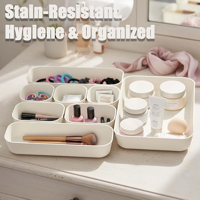 SILIVO 8 PCS Unbreakable Silicone Drawer Organizers, Modern Minimalist Beige Drawer Dividers, Noise-Free & Non-Slip Trays for Home Office, Kitchen, Bathroom and Neutral Nursery Decor