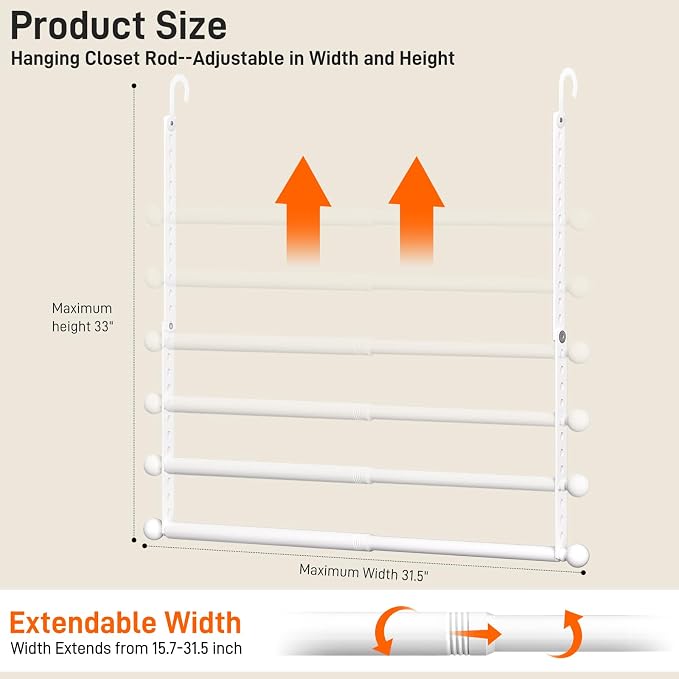 SUTINE Closet Rods for Hanging Clothes, Adjustable Metal Closet Extender Hanging Rod, Space-Saving Closet Rod Extender Clothes Hanging Bar, Closet Poles for Hanging Clothes (White, 15.7-31.5 IN)