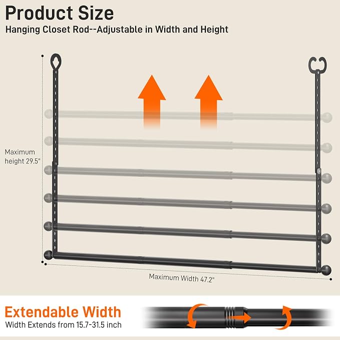 SUTINE Closet Rods for Hanging Clothes, Adjustable Closet Extender Hanging Rod, Space-Saving Closet Rod Extender Clothes Hanging Bar, Closet Poles for Hanging Clothes Organizer (Black, 31.5-47.2 IN)