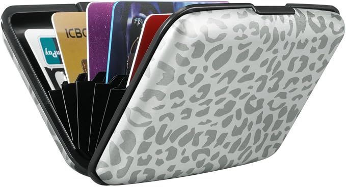 ELFISH Mini RFID Aluminum Wallet Credit Cards Holder Business Card Case Metal ID Case for Men Women(Grey Leopard Print)
