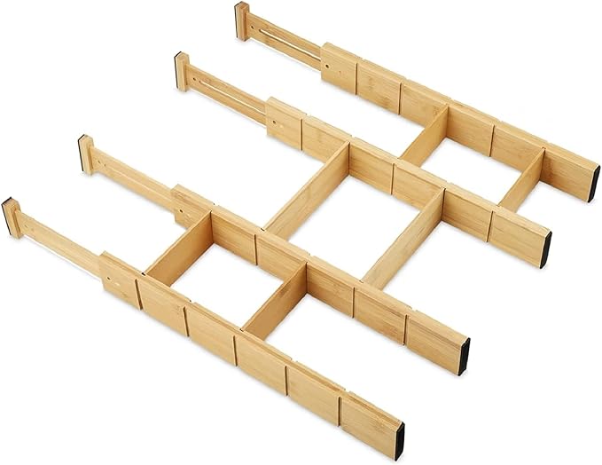 Kitchen Drawer Dividers 4-Pack – Bamboo Adjustable Expandable Drawer Organizer with Inserts, Spring Loaded Drawer Separators for Utensils, Silverware, Dressers & Bathroom Organization